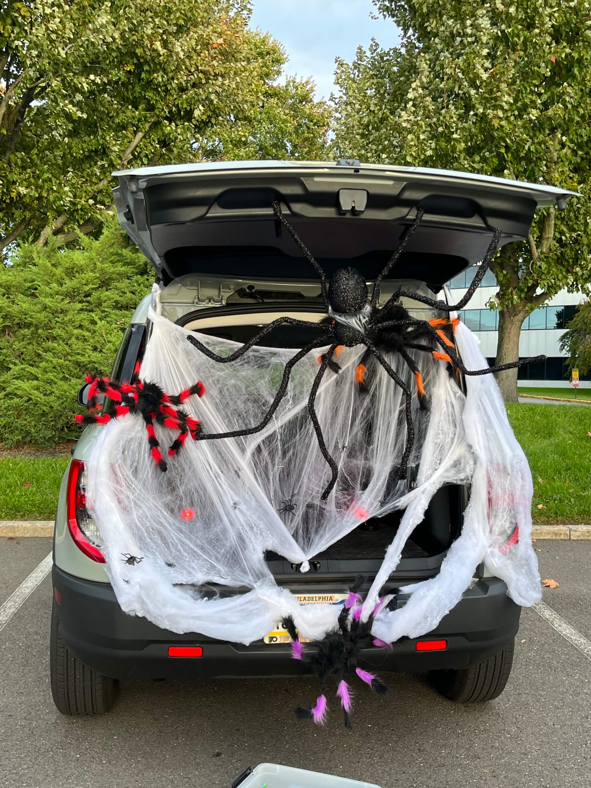 Open car trunk decorated with fake spider webs and giant spiders