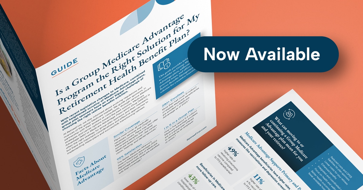a Retiree First document guide mockup with a button saying Now Available