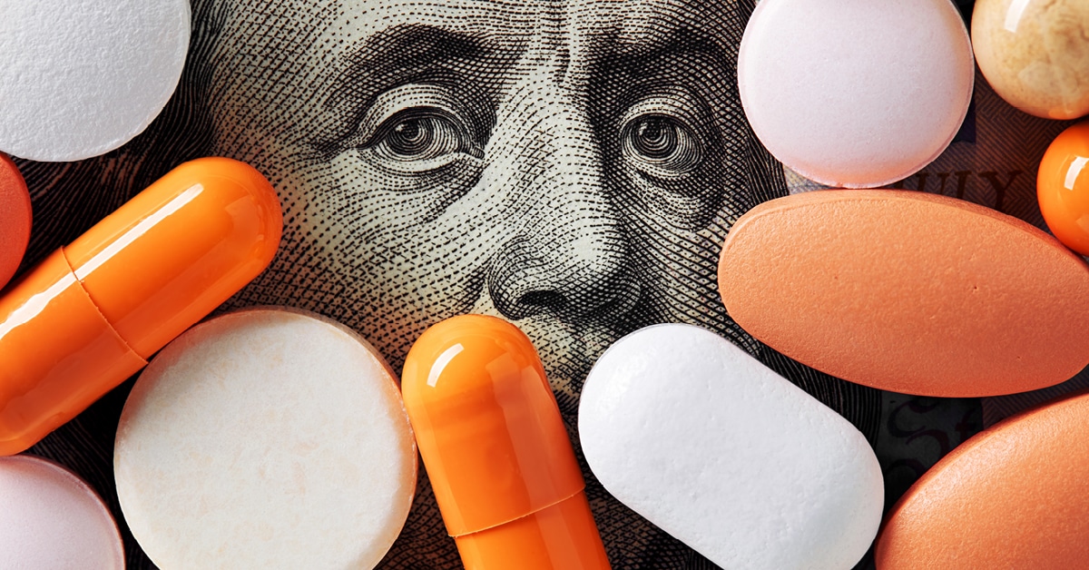 up close shot of currency and pills