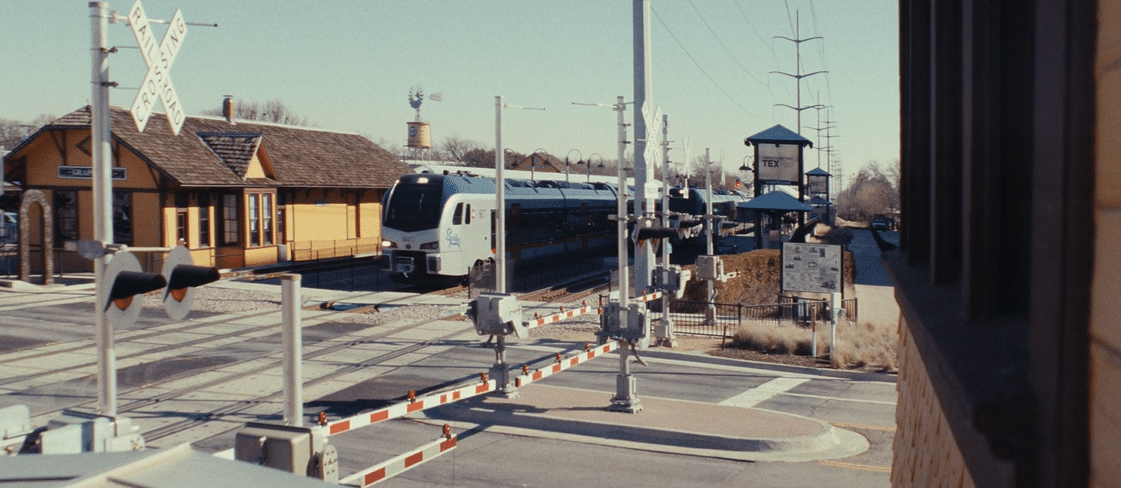 Train passing railroad crossing in Grapevine, Texas