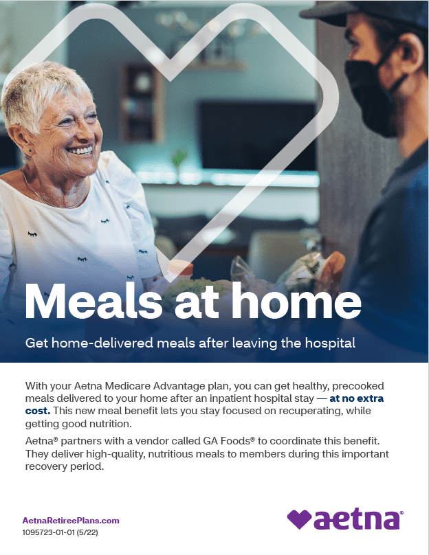 meal delivery flyer with a woman smiling and a man wearing a mask